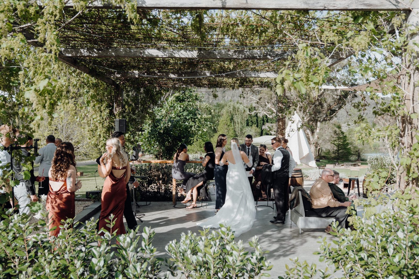 Cocktail hour under the vine pergola