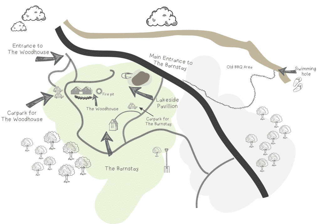 An illustrated map of the Redwood Park estate: the Woodhouse, the fire pit, the lakeside pavilion, the Barnstay, the carparks and the swimming hole