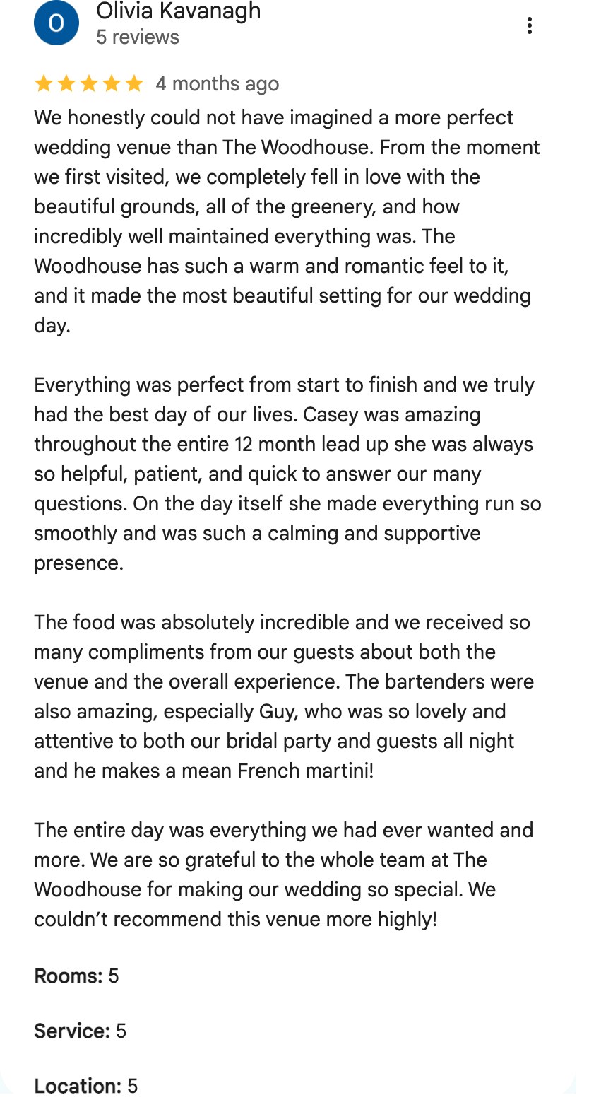 Five-star Google review from Olivia Kavanagh