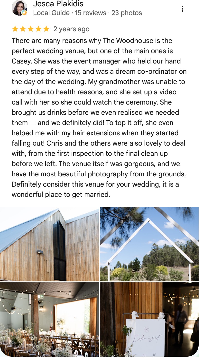 Five-star Google review from Jesca Plakidis